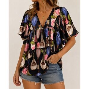 Cousin Earl Anthropologie Blouse Womens Small Black Floral‎ Mandolin Boho Top